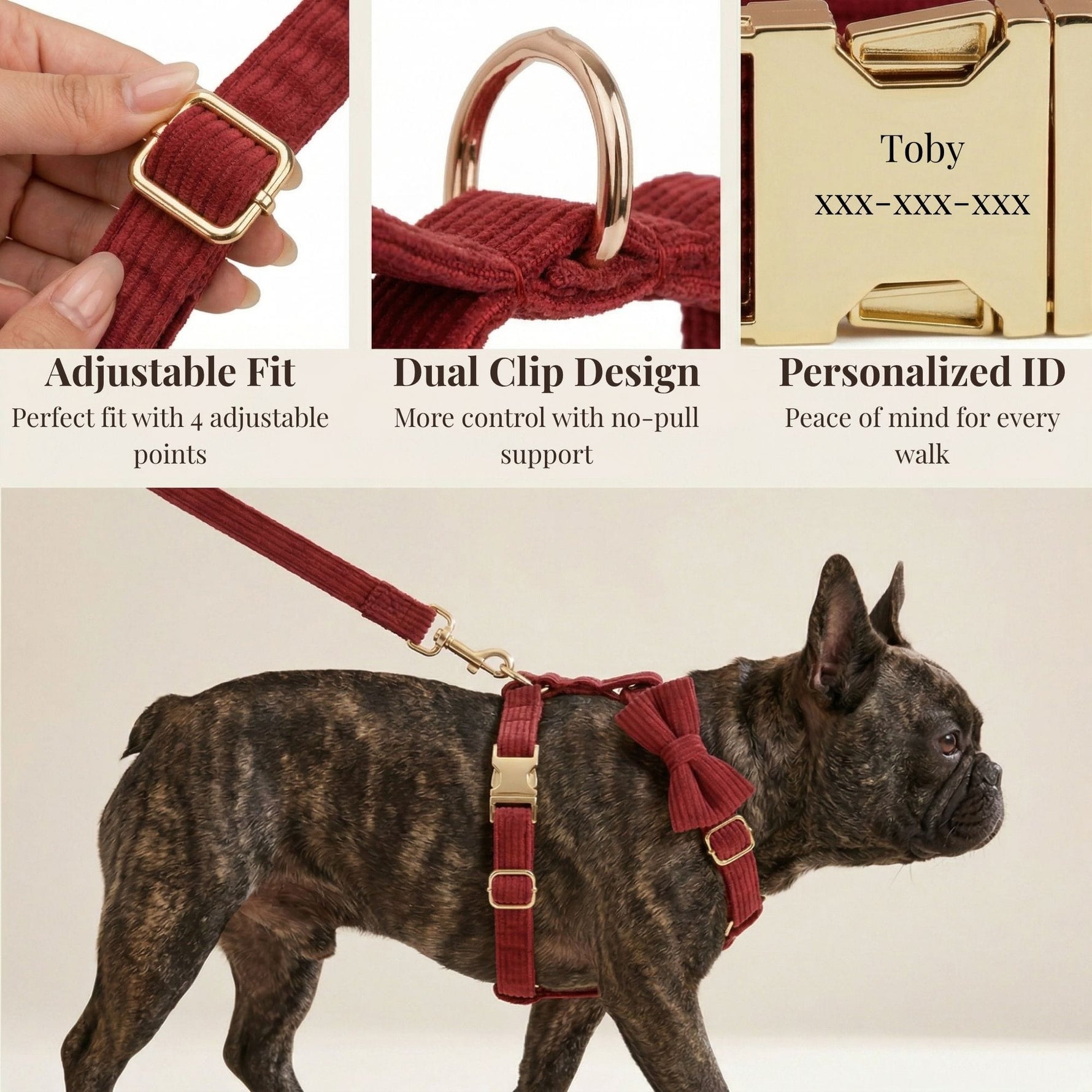 Dark red corduroy dog harness with adjustable gold buckle and detachable bowtie on a dog