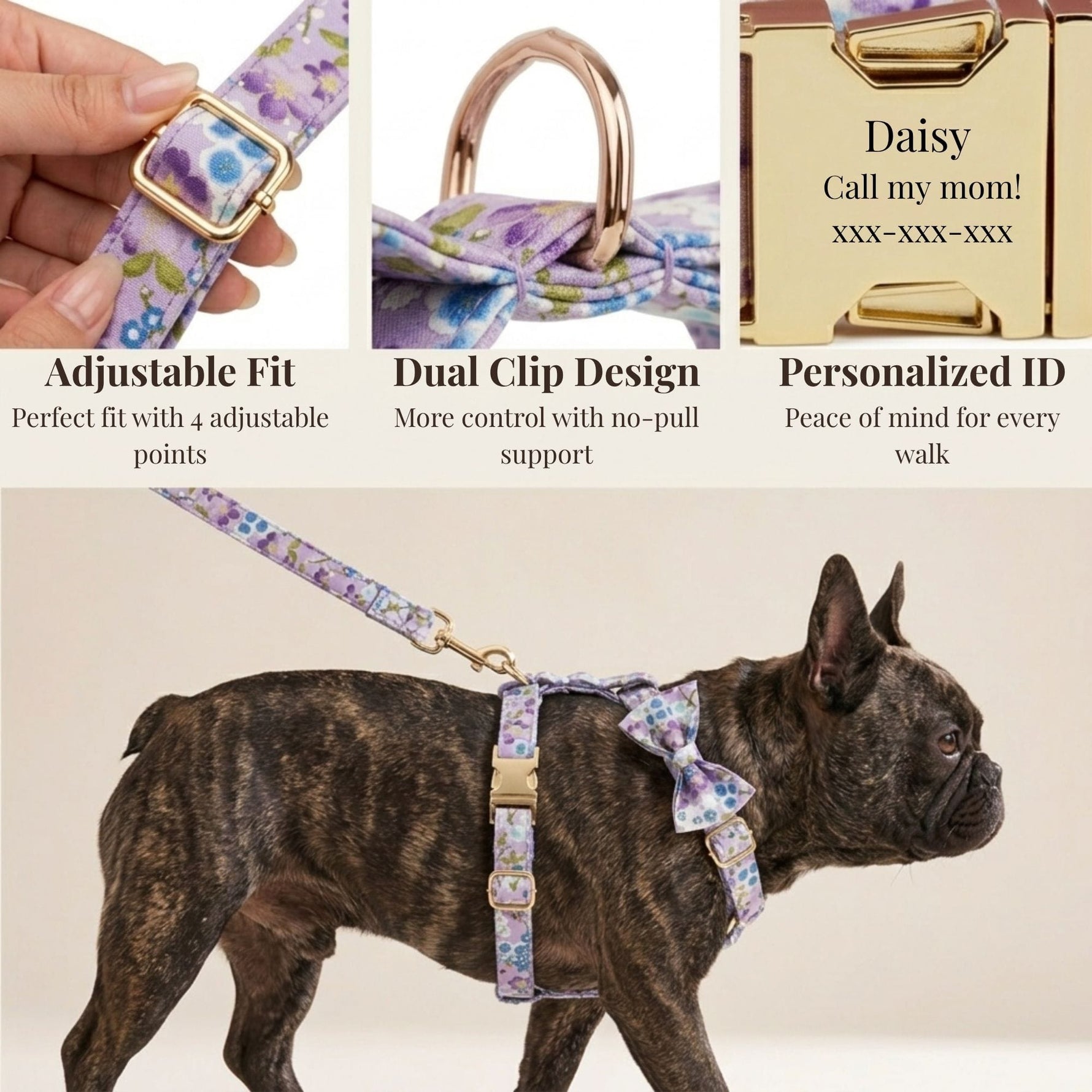 Adjustable purple floral dog collar with dual clip design and matching leash set