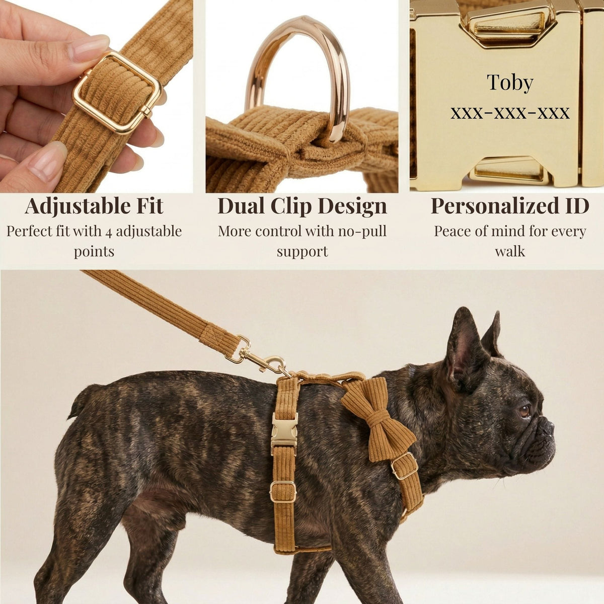 Caramel corduroy dog harness with adjustable strap and detachable bowtie on a dog