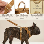 Caramel corduroy dog harness with adjustable strap and detachable bowtie on a dog