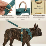 Dark green corduroy dog harness with matching bowtie and gold metal clips