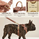 Dusty pink velvet dog harness with adjustable straps, dual clips, and ID tag