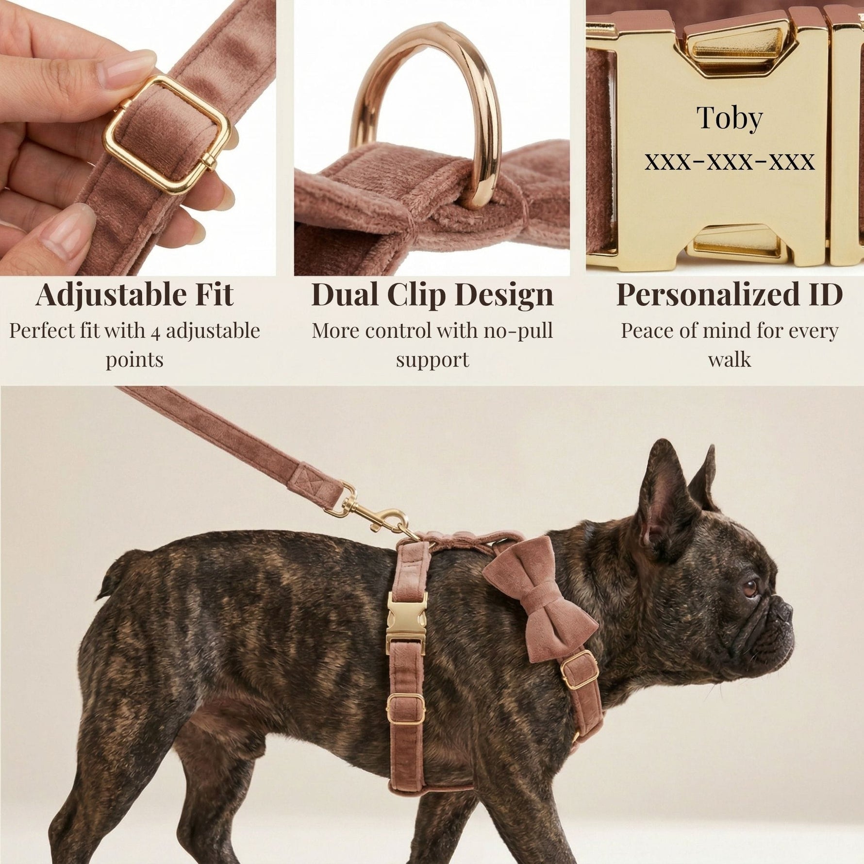 Dusty pink velvet dog harness with adjustable straps, dual clips, and ID tag