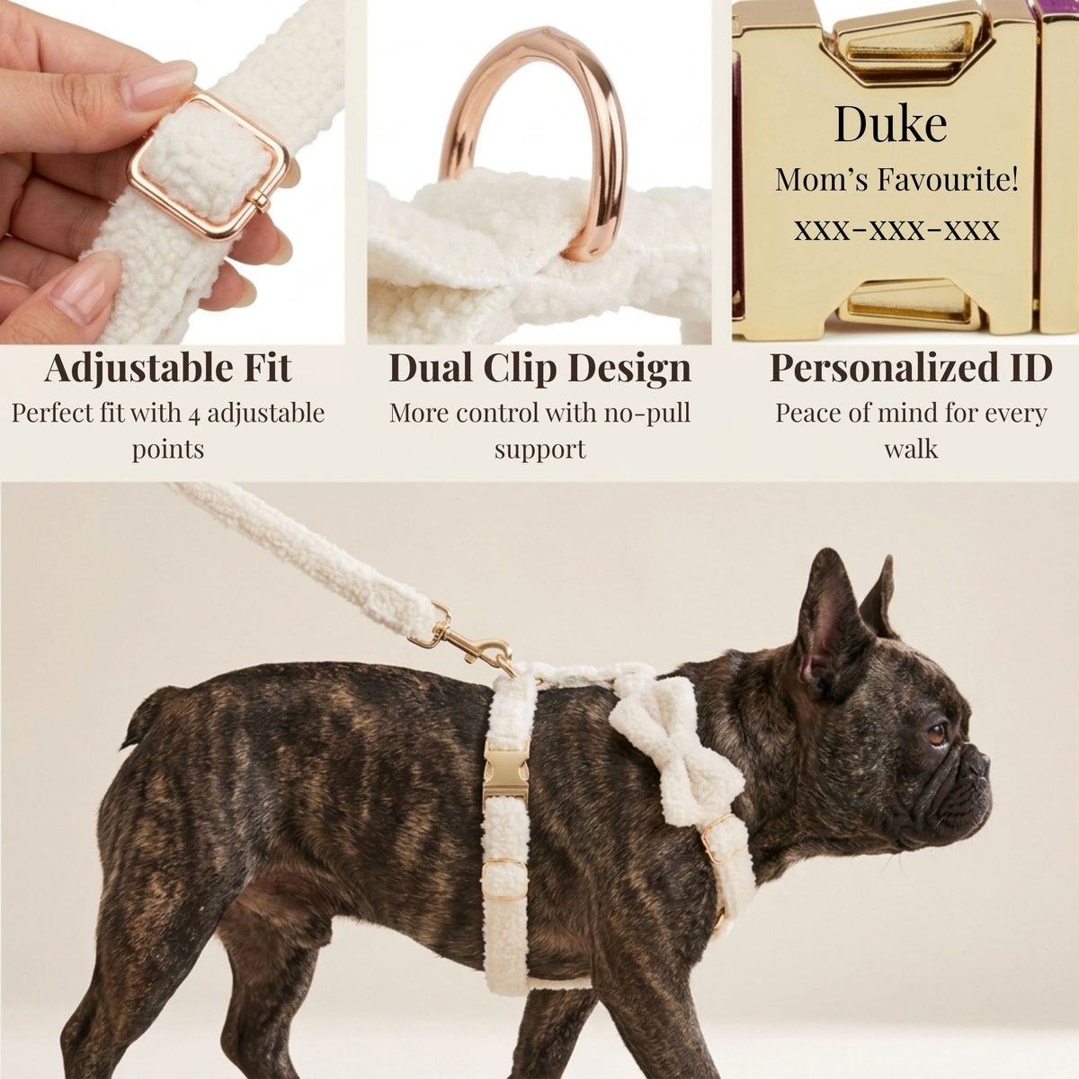Cream knitted dog harness and bowtie with adjustable clips and engraved ID tag