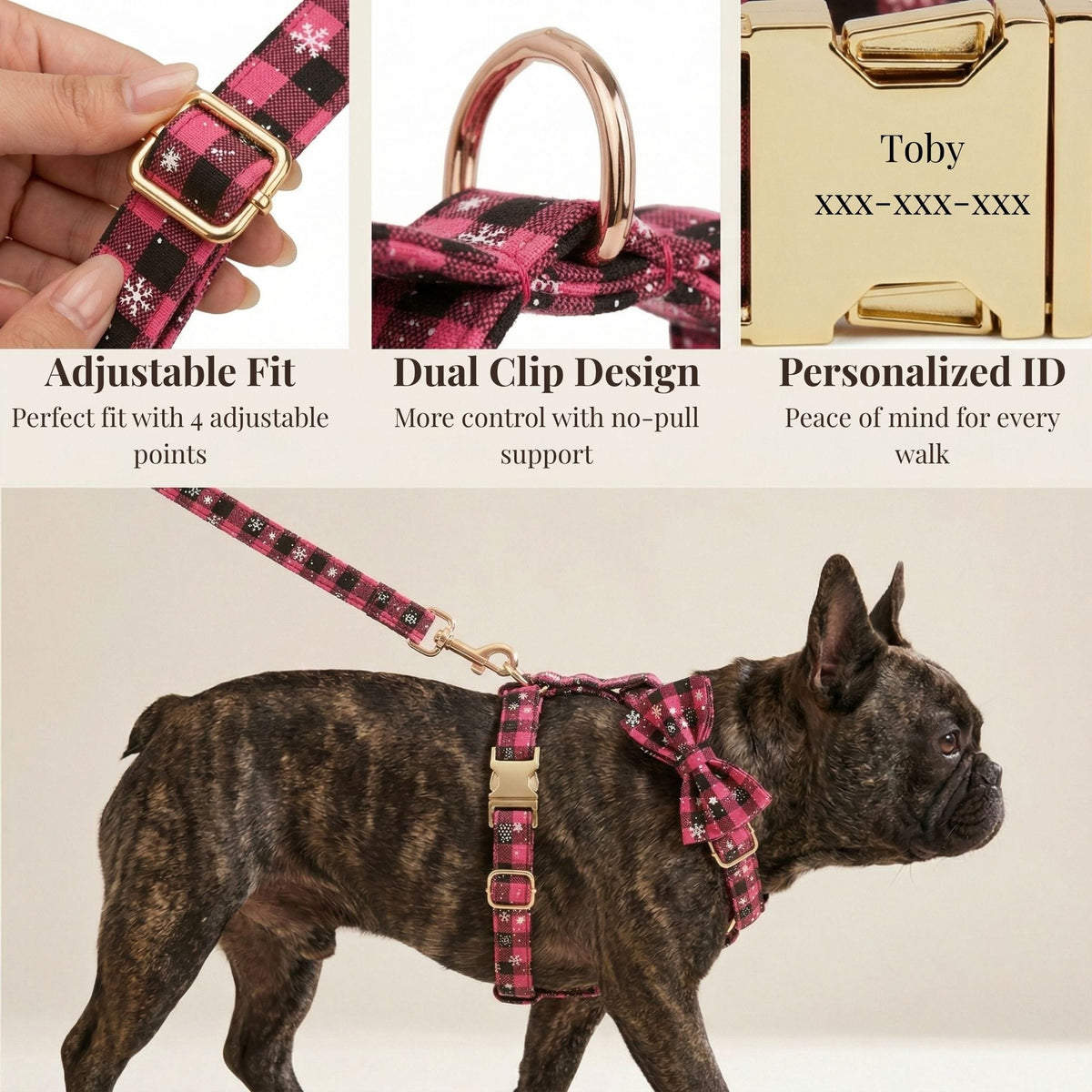 Plaid dog harness set with bowtie in dark red and black with gold clips and buckle