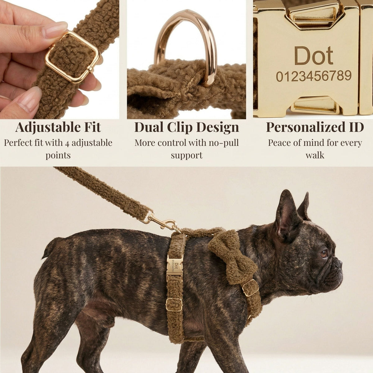Brown teddy dog collar with adjustable fit, dual clips, and engraved gold ID tag