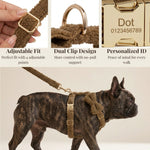 Brown teddy dog collar with adjustable fit, dual clips, and engraved gold ID tag