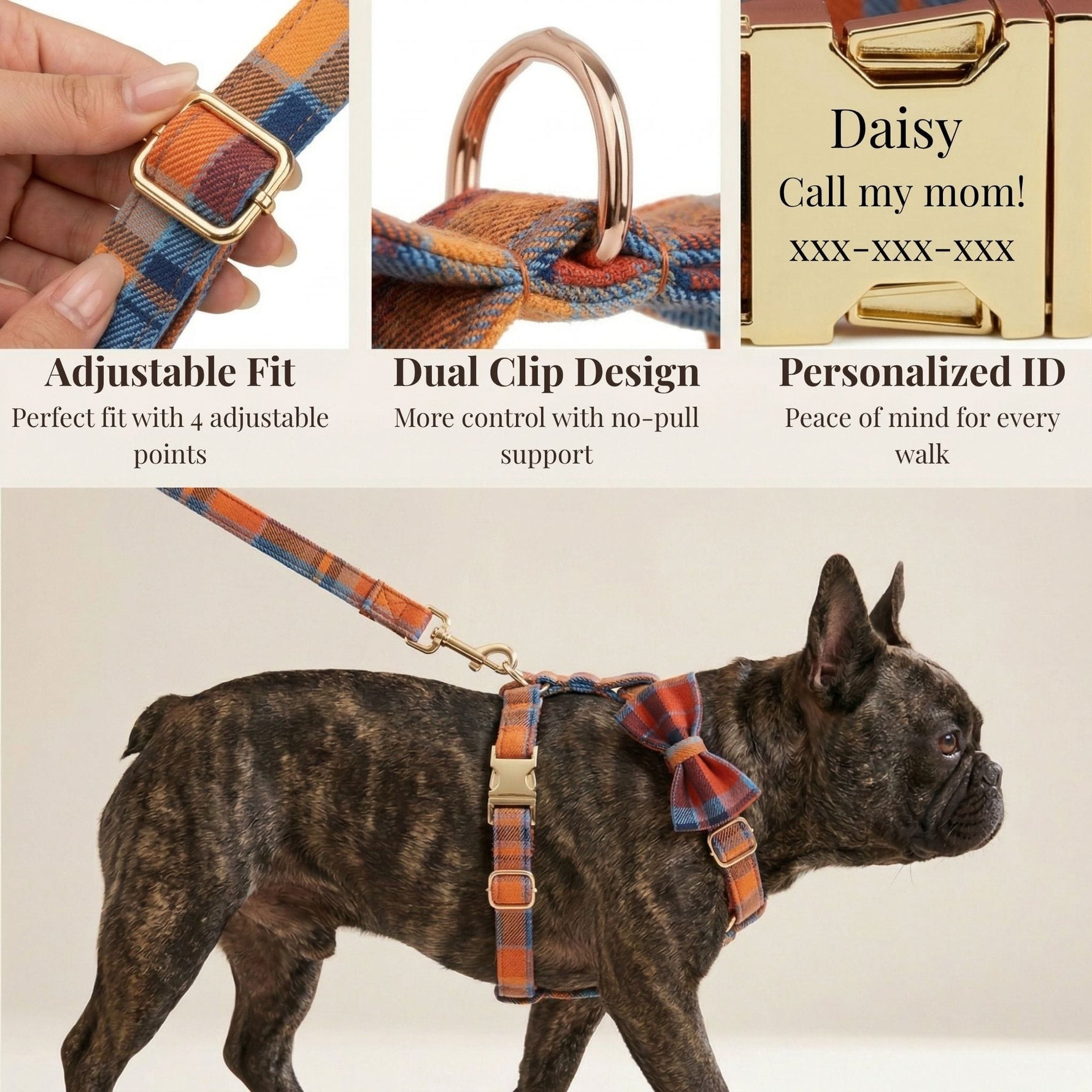 Plaid dog collar and leash set with adjustable fit clips and matching bow tie