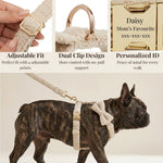 Beige teddy dog harness and collar pieces with gold clips and adjustable strap