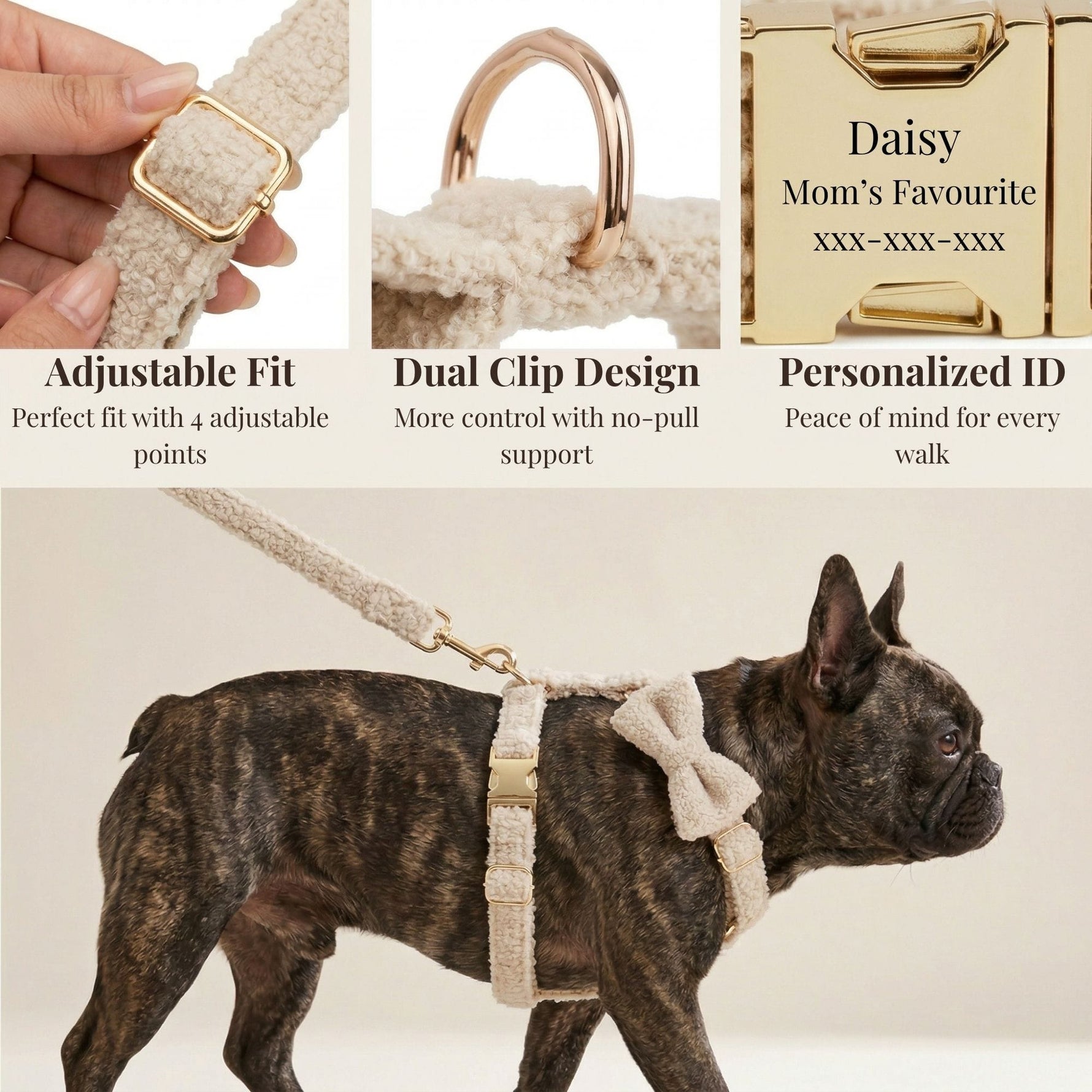 Beige teddy dog harness and collar pieces with gold clips and adjustable strap