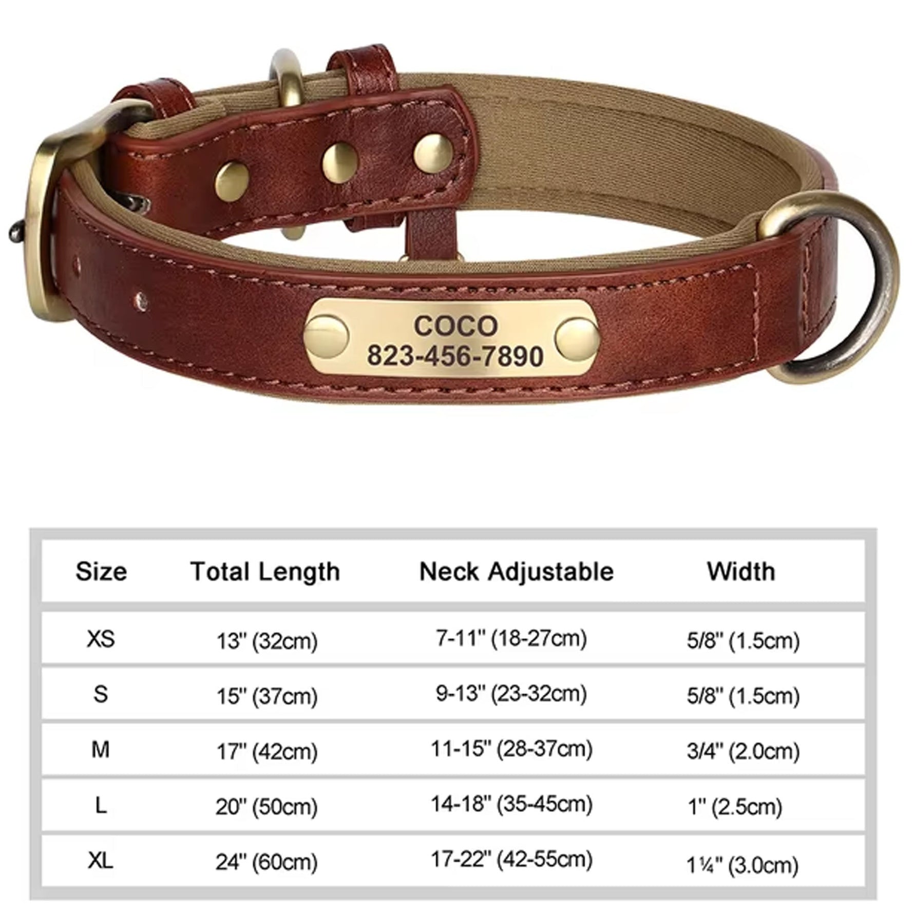 Brown PU leather dog collar with engraved ID tag reading COCO