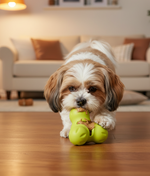 Peanut butter banana dog treat, small dog licking green chew toy