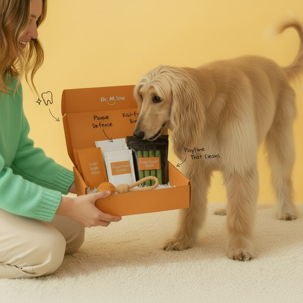 Pet dental care kit box with included brush and chew toy, held by person