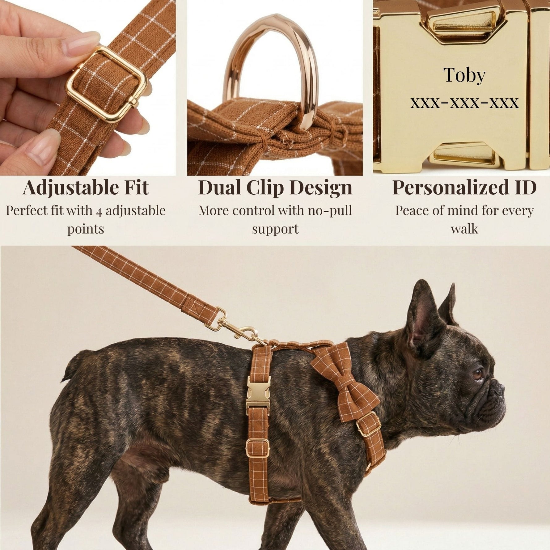 Brown plaid dog harness set with adjustable strap and dual clip leash