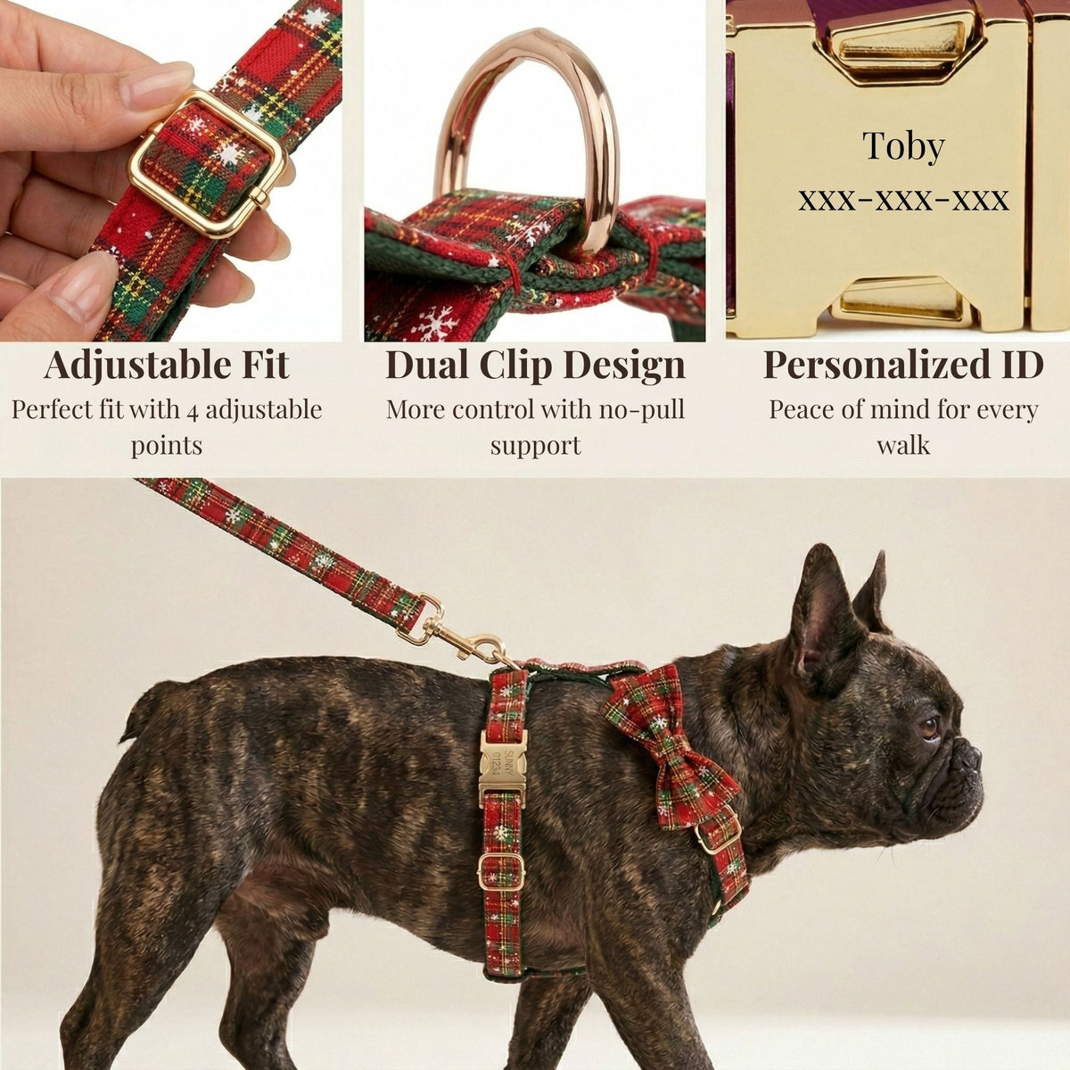 Red and green plaid dog harness with bowtie on a standing dog