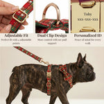 Red and green plaid dog harness with bowtie on a standing dog