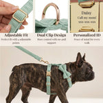 Light green corduroy dog harness with adjustable strap and detachable bowtie on a boxer