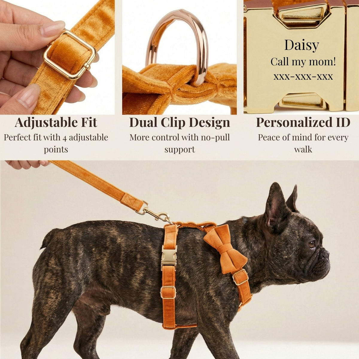 Orange velvet adjustable dog leash and harness set with metal clips and matching bowtie