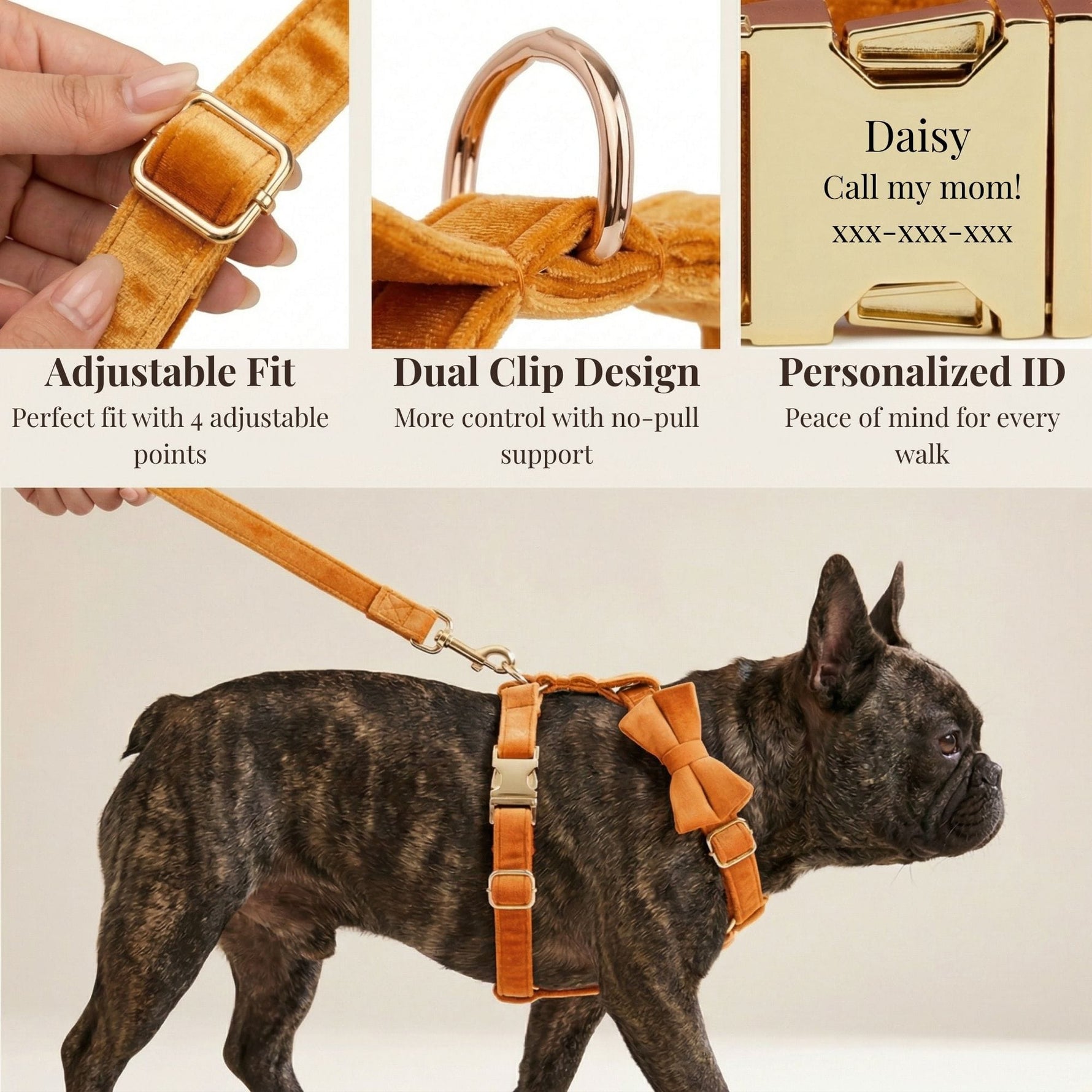 Orange velvet adjustable dog leash and harness set with metal clips and matching bowtie