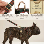 Red and green tartan dog harness and collar with adjustable buckle and dual clips
