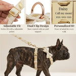 Ivory velvet dog harness and collar with adjustable strap and gold clips; detachable bowtie
