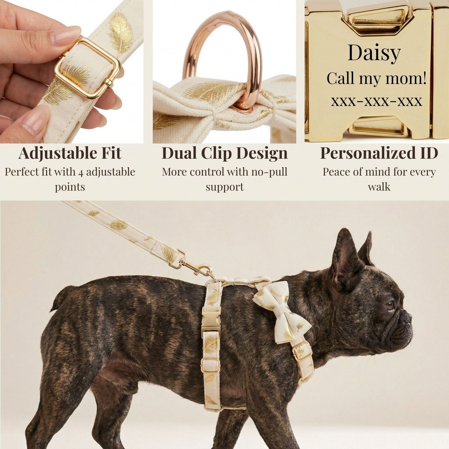Ivory velvet dog harness and collar with adjustable strap and gold clips; detachable bowtie