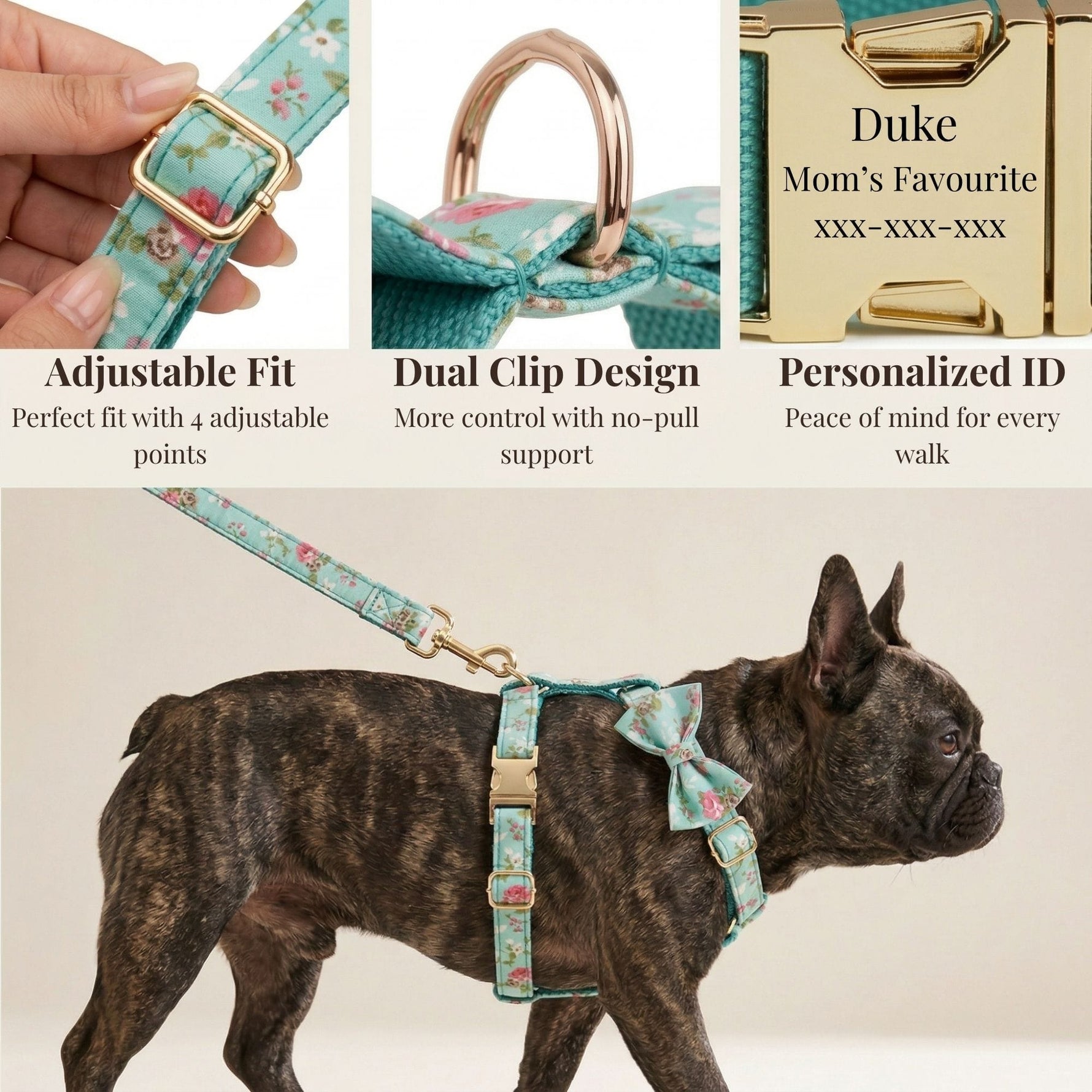 Floral teal dog harness with adjustable straps and matching bow tie