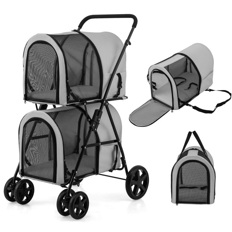 Gray double pet stroller set with two mesh compartments and detachable pet carrier