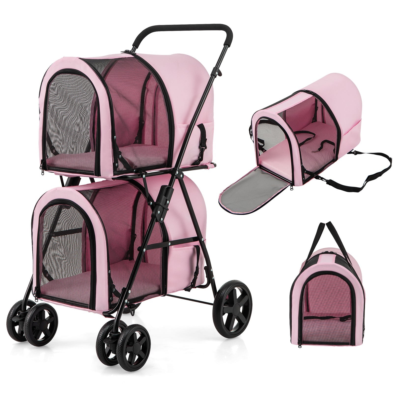 Pink double pet stroller set with two mesh compartments and detachable pet carrier