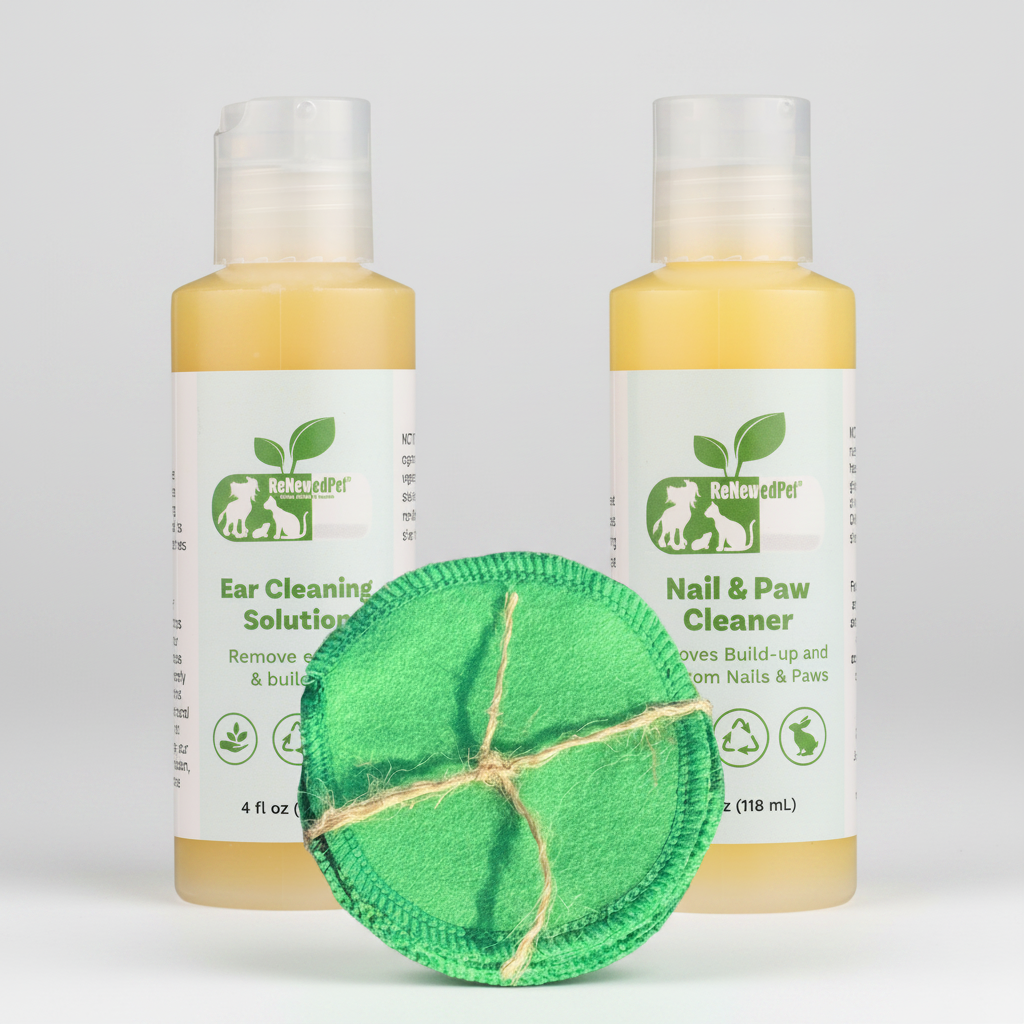 Pet ear and nail cleaner bottles with green reusable cotton pad, 4 fl oz size