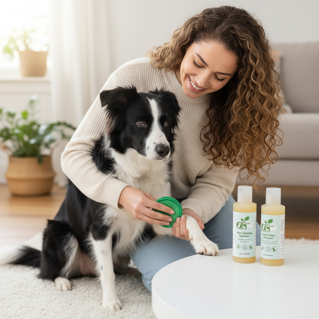 Pet nail and paw cleaner kit with green pad and two bottles, used near dog