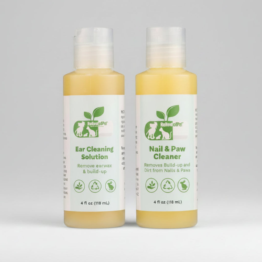 Pet grooming cleaner bottles for ear and nails, clear pumps with amber solution, 4 fl oz