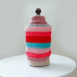 Pet striped acrylic sweater on mannequin, back view with colorful horizontal bands