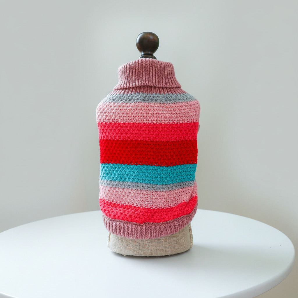Pet striped acrylic sweater on mannequin, back view with colorful horizontal bands