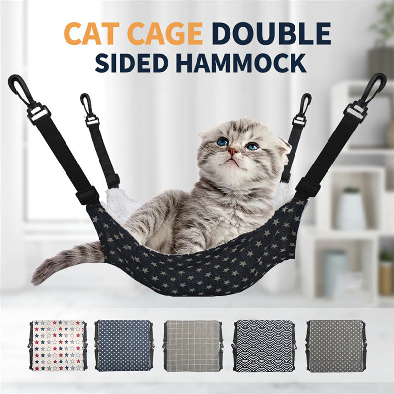 Cat hanging fleece hammock bed with dark star fabric and four fastening straps