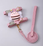 Pink plush traction rope dog harness with animal patch and braided leash strap