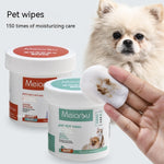 Pet wipe canisters for eyes and ears with a used wipe shown on a fingertip