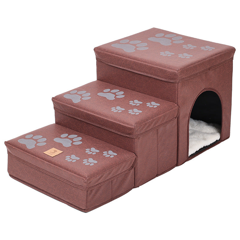Rust red dog stairs with paw-print cushions, three steps and a side cave bed