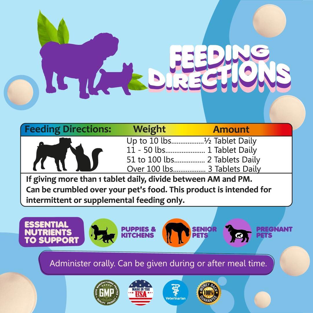 Prenatal pet vitamin supplement bottle with feeding directions and nutrition icons