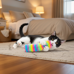 Rainbow striped plush cat pillow toy between a lying black-and-white cat paws