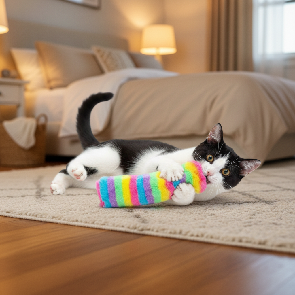 Rainbow striped plush cat pillow toy between a lying black-and-white cat paws