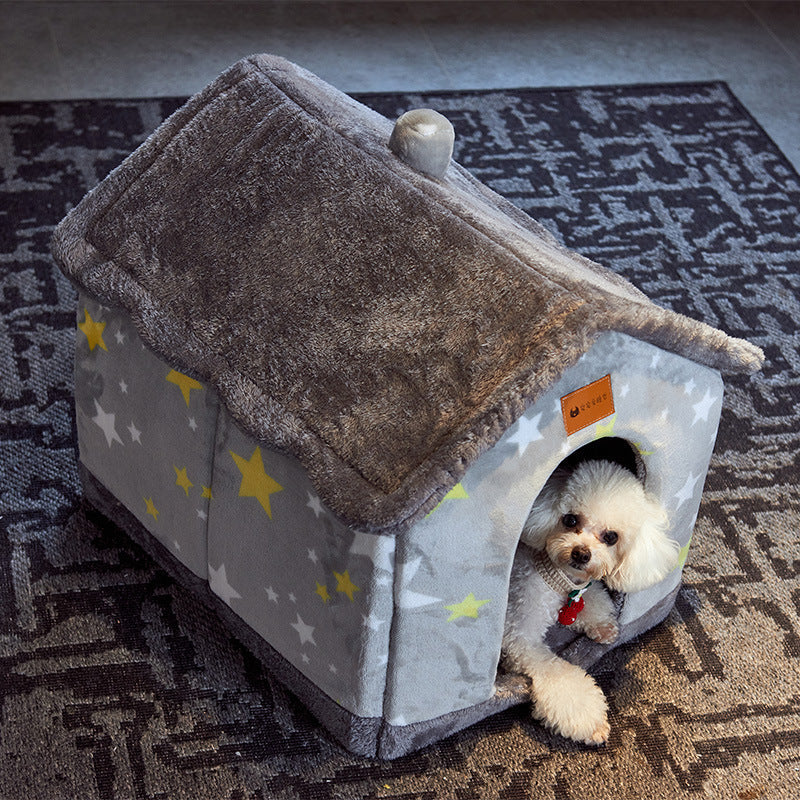Gray and white star pet house bed with side doorway opening and soft roof