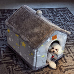 Gray and white star pet house bed with side doorway opening and soft roof
