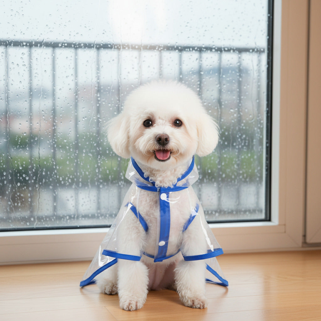 Waterproof pet raincoat for dogs, blue hooded poncho with snap front and leg straps