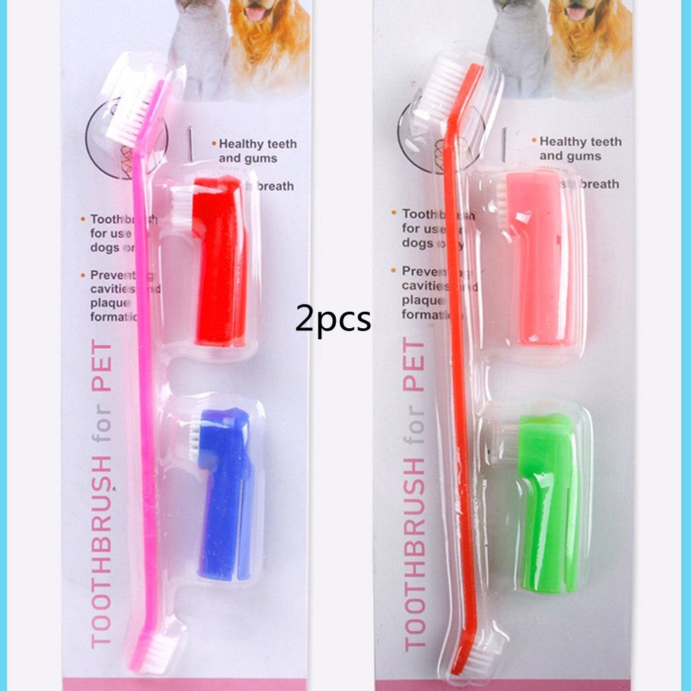 Pet finger toothbrush set showing red, blue, and green soft bristle brushes