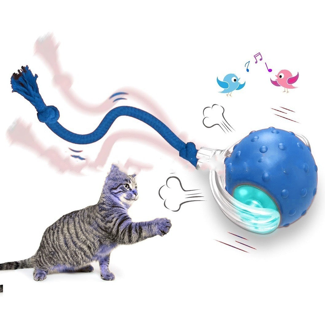 Blue interactive cat rolling ball toy with light and red-and-blue rope