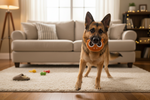 Vocal teething plush toy, round orange plush with a smiling bite surface