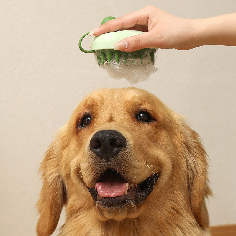 Silicone pet hair remover comb with green handle, handheld bath brush for dogs