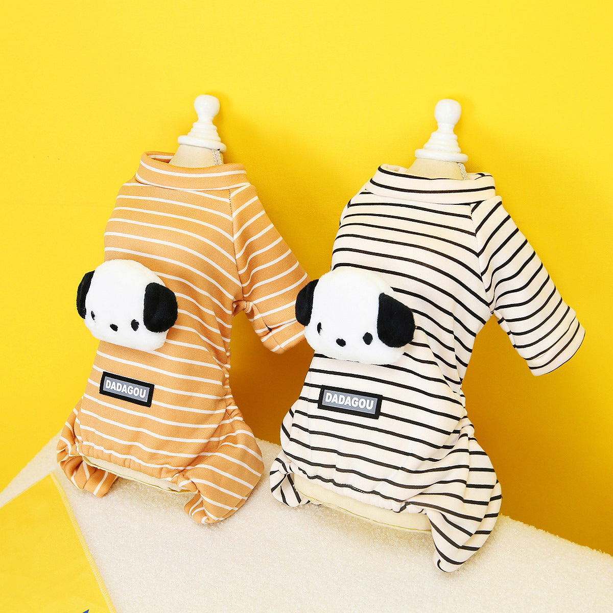 Pet dog two-leg sweater set, orange and black striped, panda face hooded design