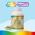Prenatal multi vitamin pet supplement bottle with bacon-flavored chewable tablets